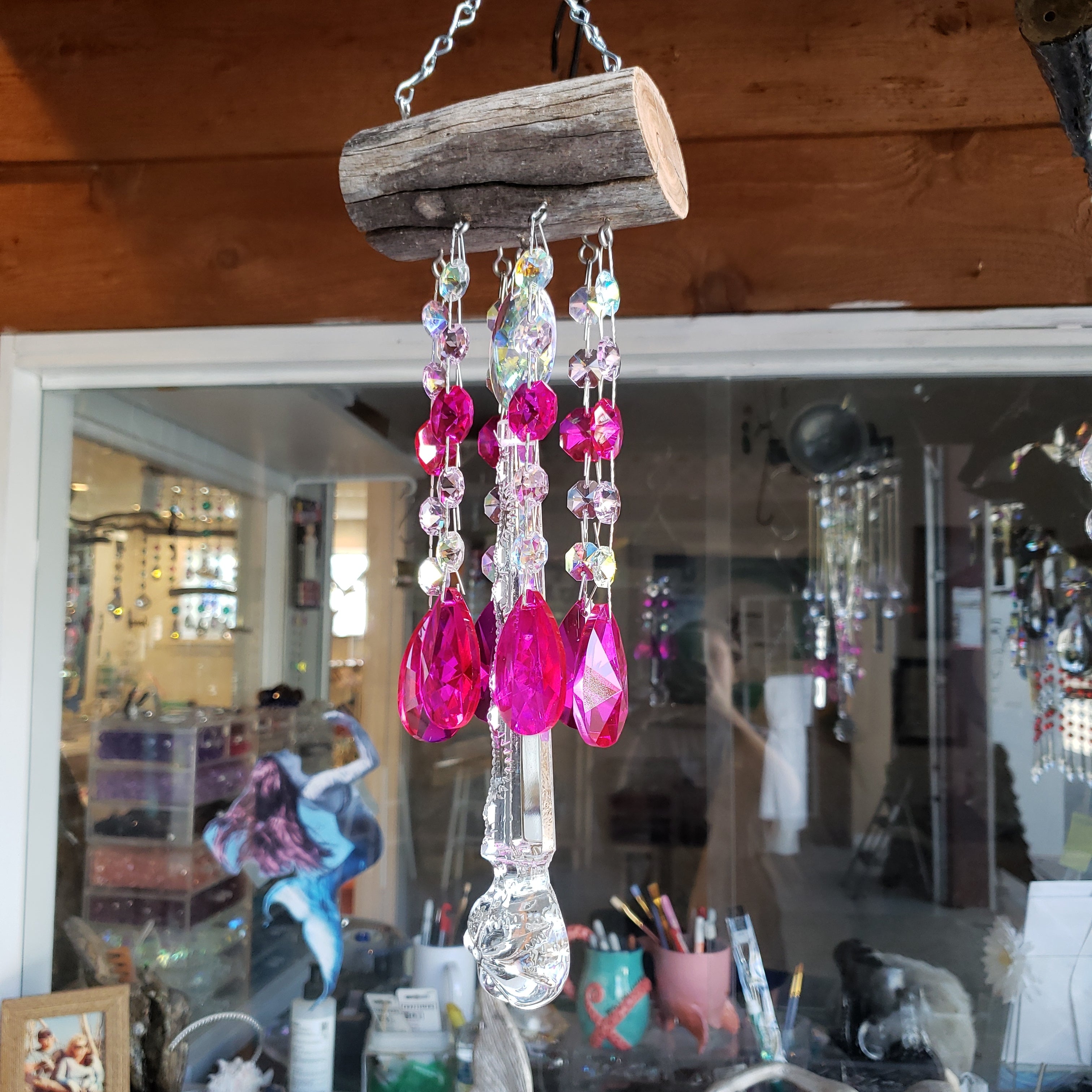 Champagne, Pink and Clear Crystal Suncatcher / Glass hot Beads / Upcycled / Windchime / Free Shipping