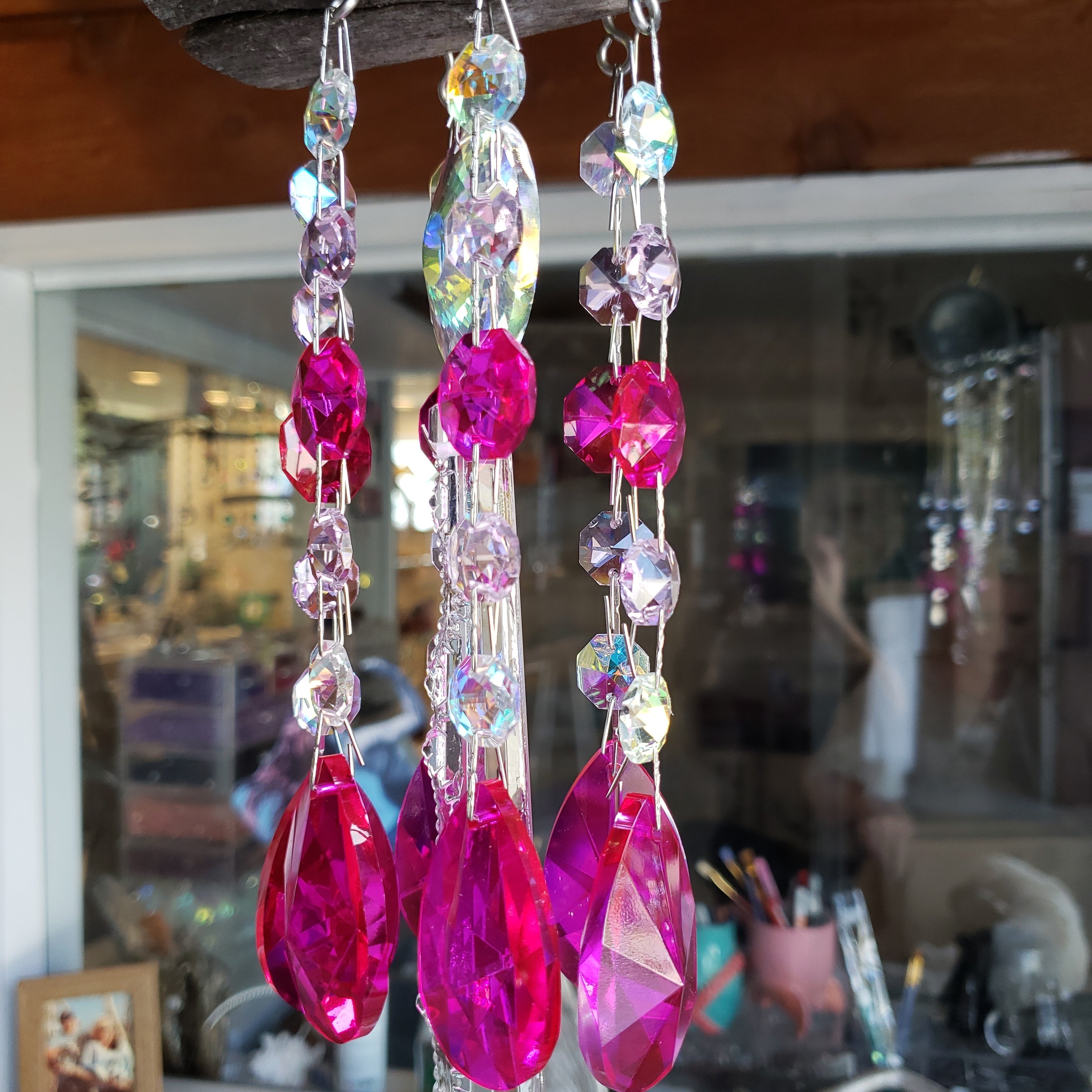 Champagne, Pink and Clear Crystal Suncatcher / Glass hot Beads / Upcycled / Windchime / Free Shipping