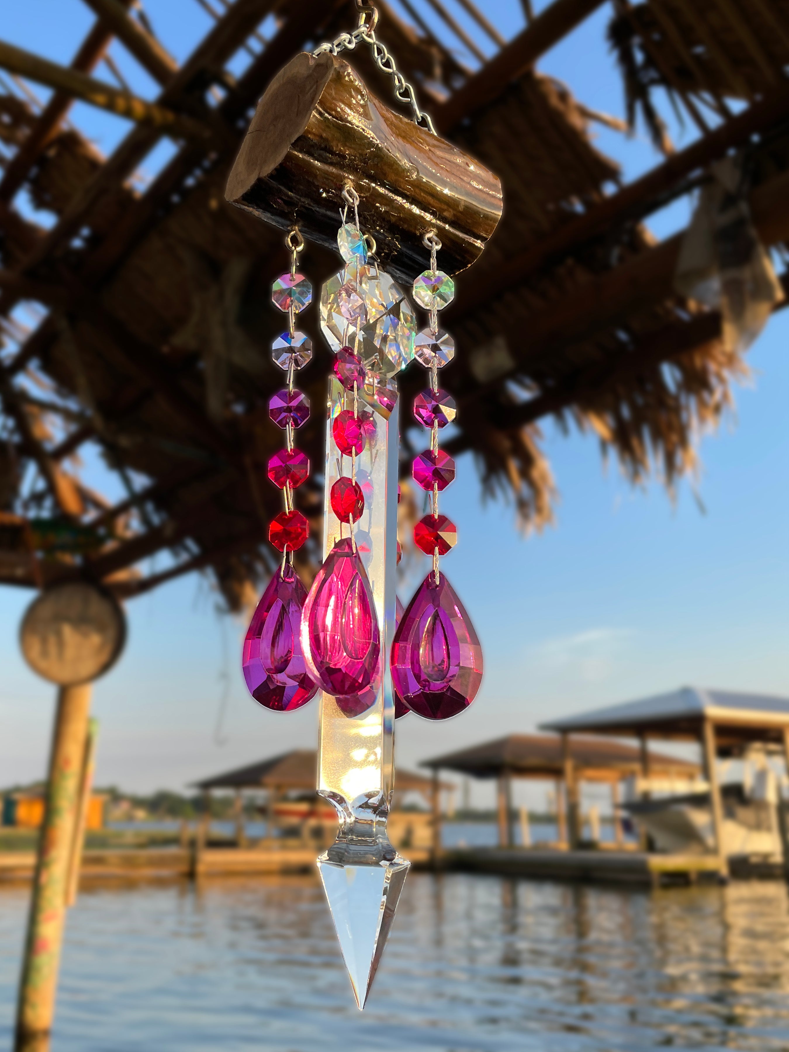 Glistening Driftwood & Crystal Wind Chime Sun Catcher 5 Strand Red & Pink