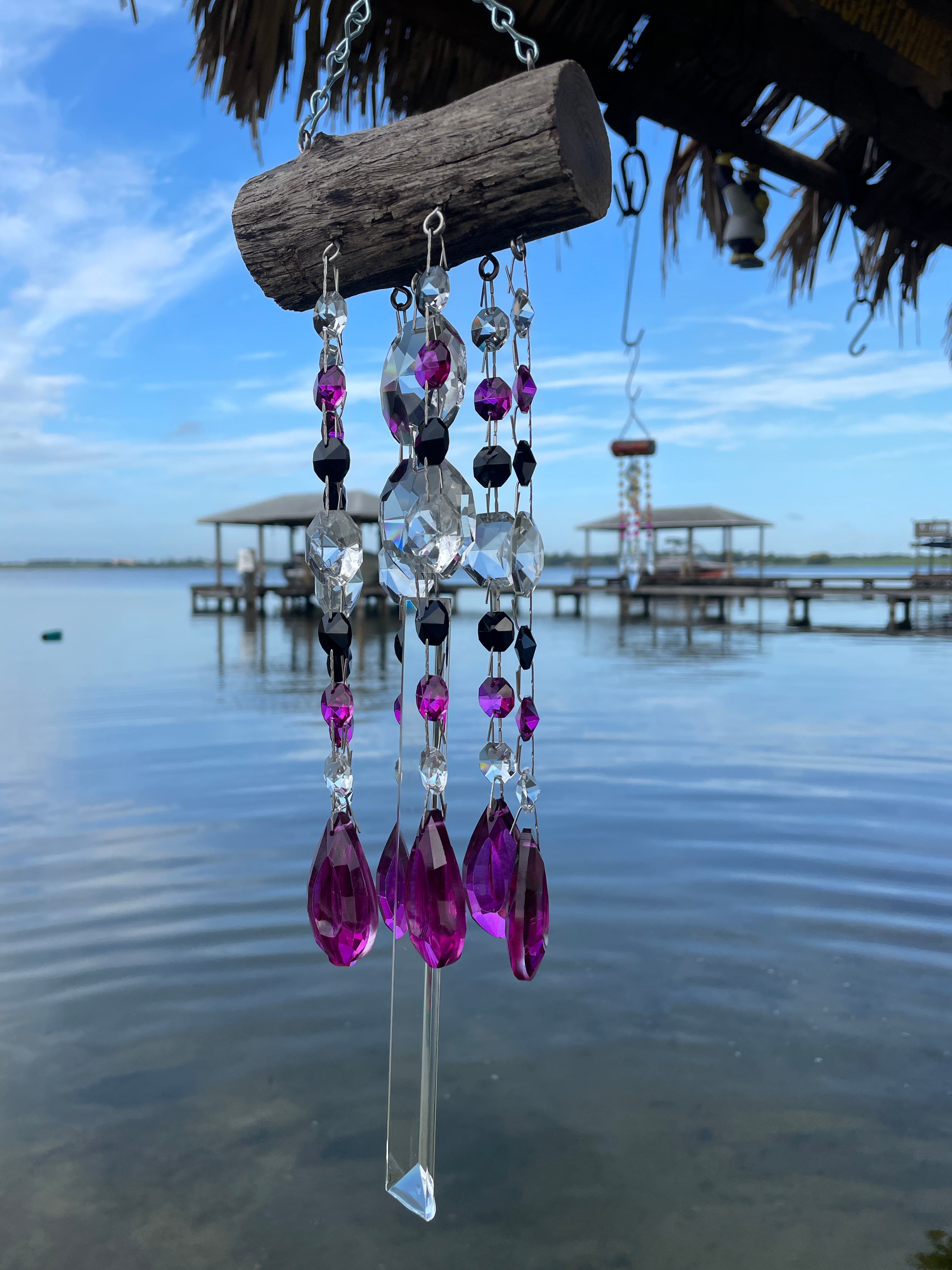 Natural Driftwood & Crystal Sun Catcher Wind Chime XL 7 Strand Pink-Magenta  & Black