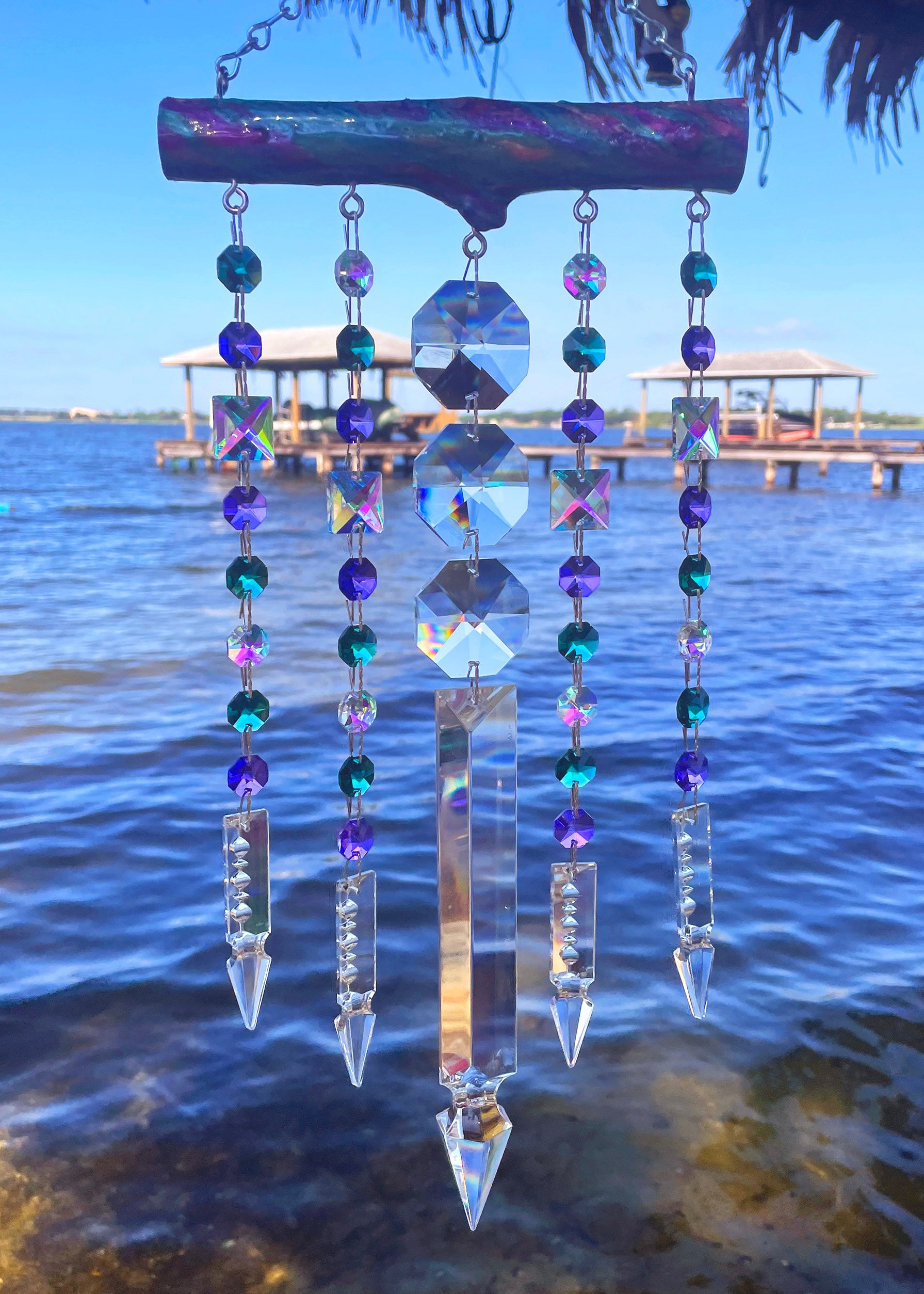 XXL Purple 2024 Blue & Green Stained Glass Driftwood Cascade Wind Chime Sun Catcher