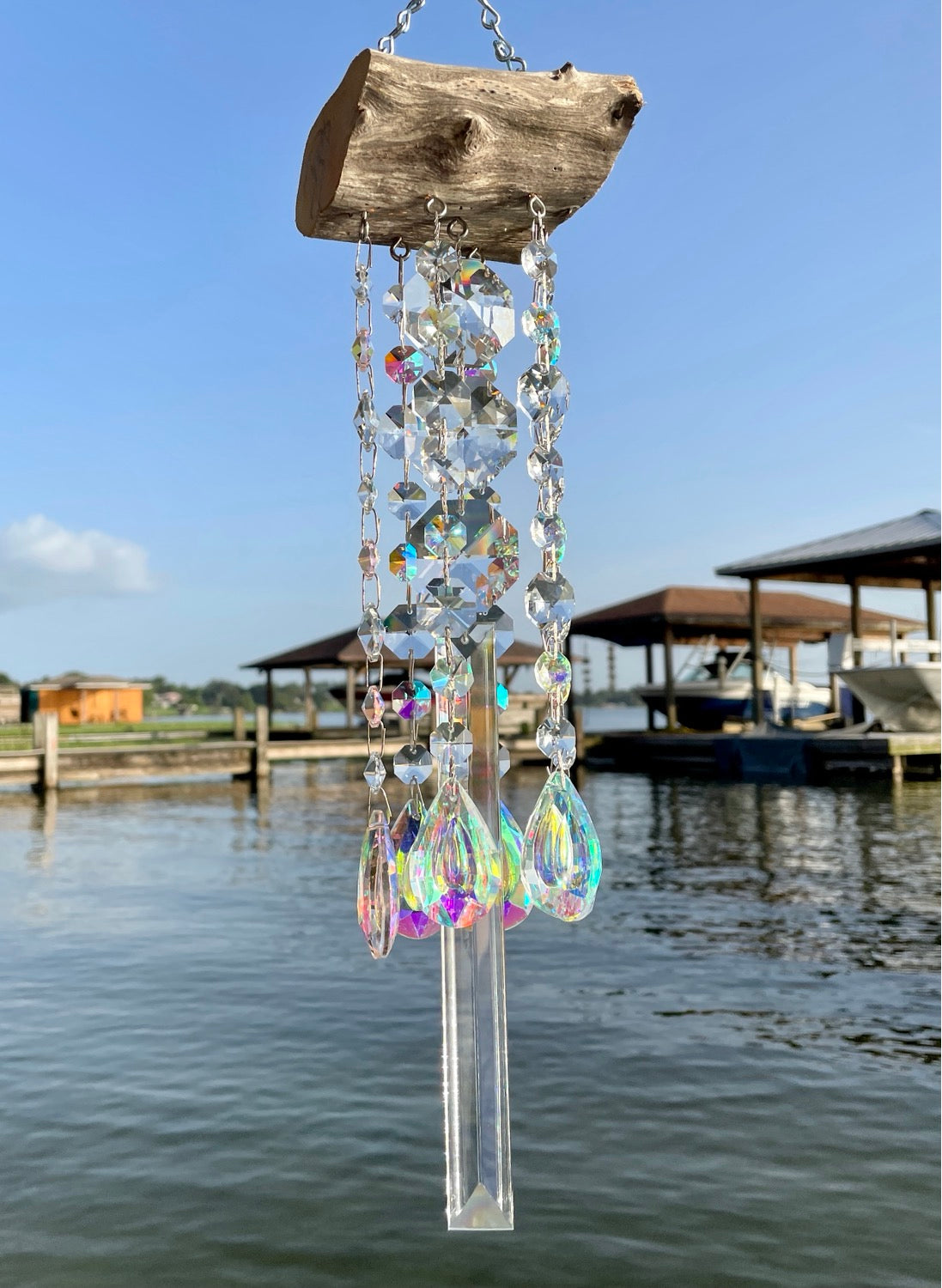 XXL Purple Blue & Green Stained Glass Driftwood Cascade Wind Chime Sun hotsell Catcher