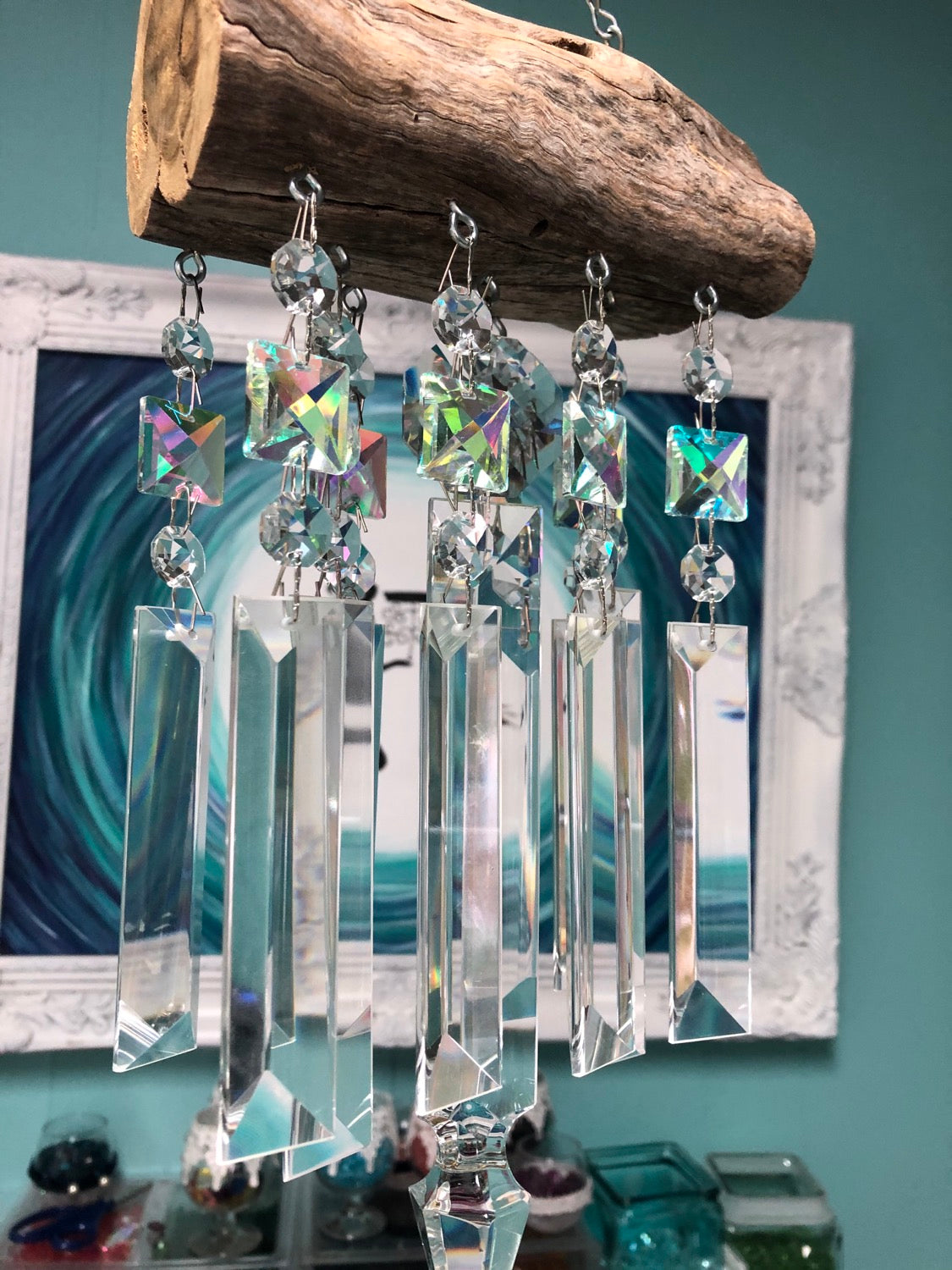 Natural Driftwood & Crystal Sun Catcher Wind Chime 11 Strand