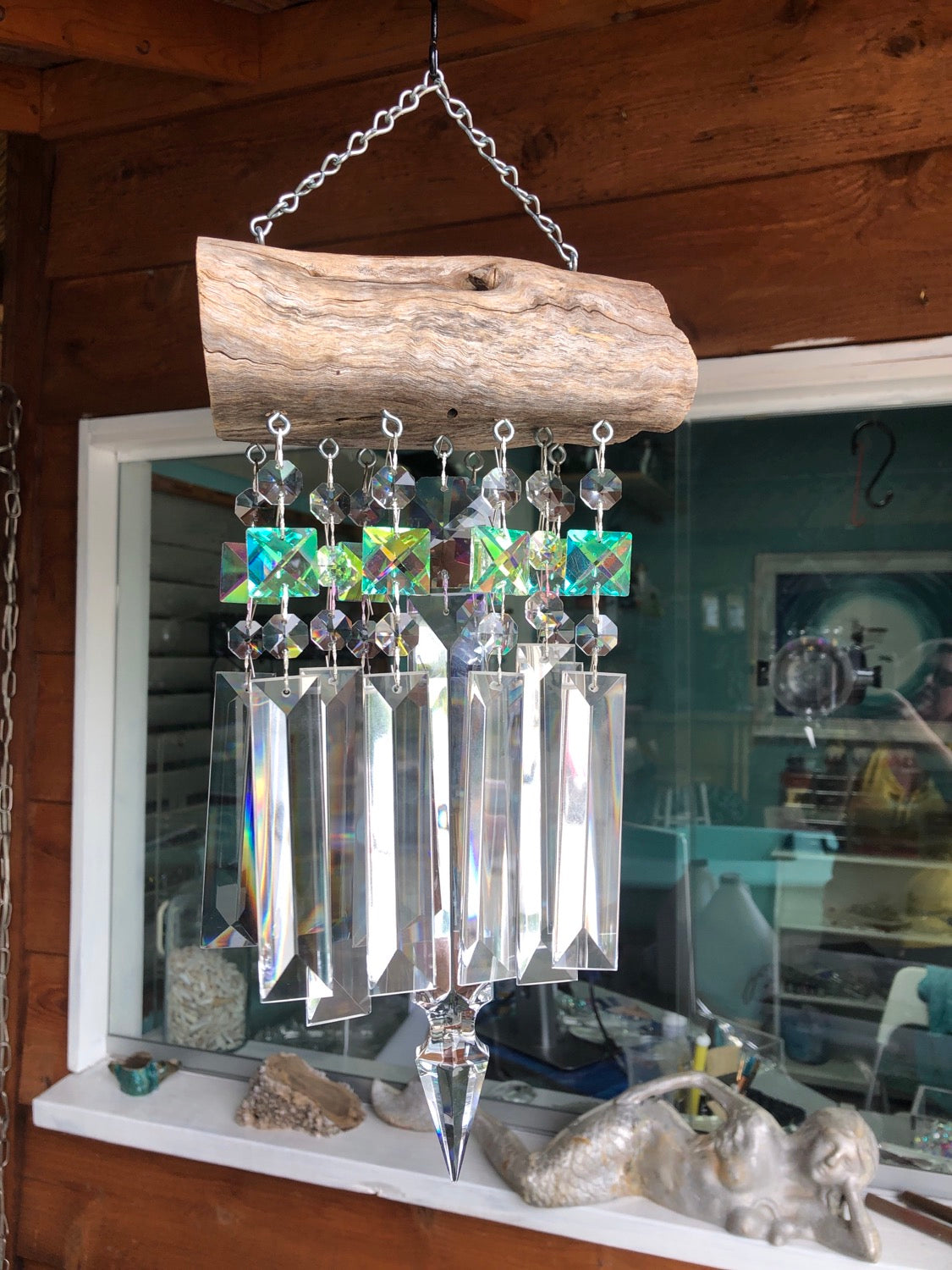 Natural Driftwood & Crystal Sun Catcher Wind Chime 11 Strand