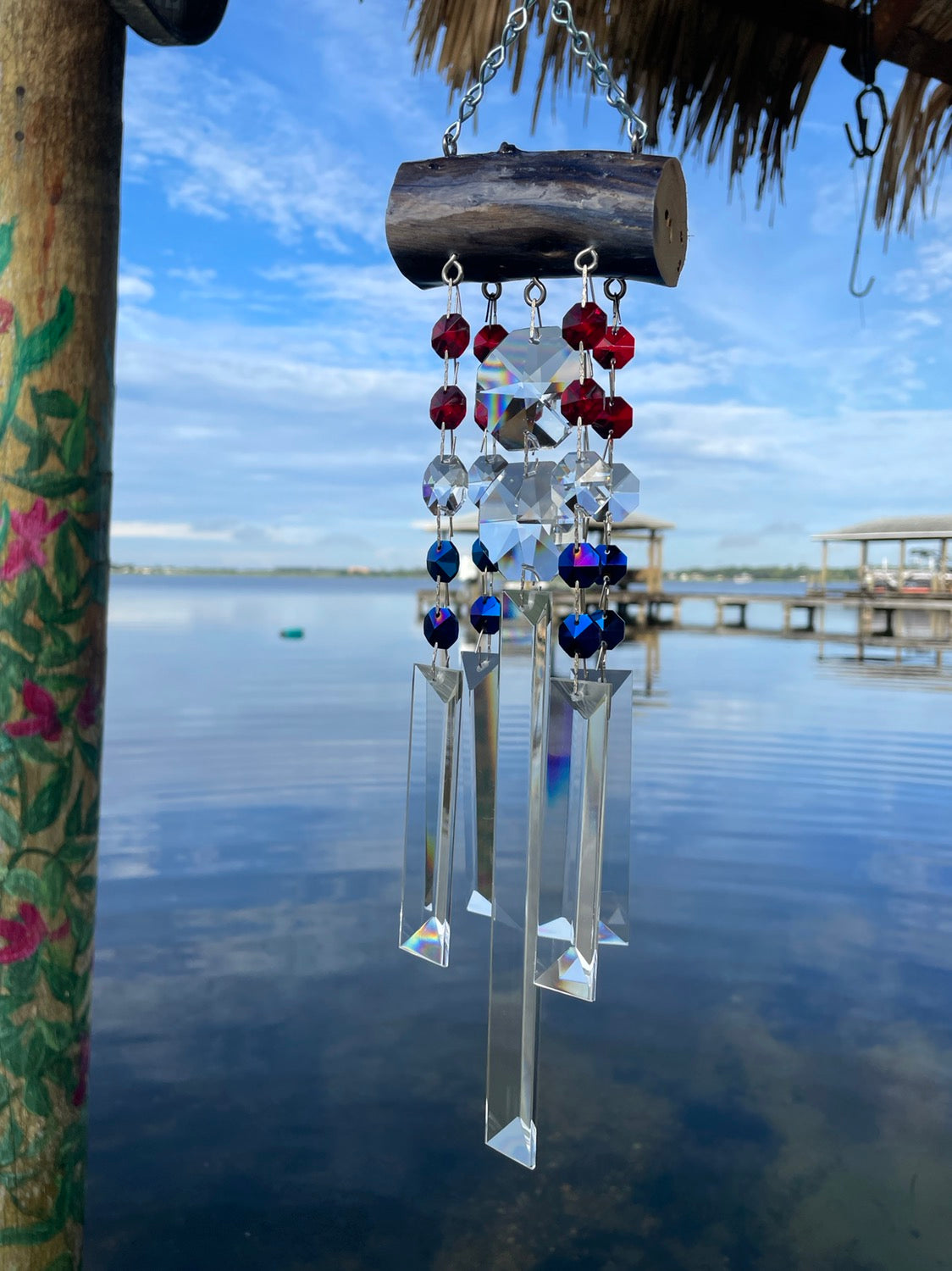 Glistening Driftwood & Crystal Wind Chime Sun Catcher XL 5 Strand Red,  White, & Blue