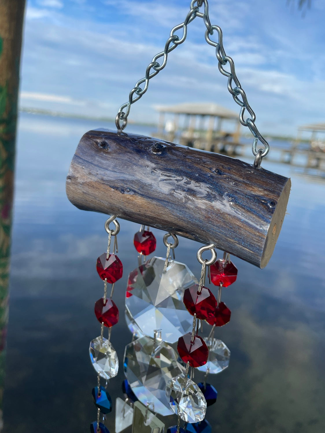 Glistening Driftwood & Crystal Wind Chime Sun Catcher XL 5 Strand Red,  White, & Blue